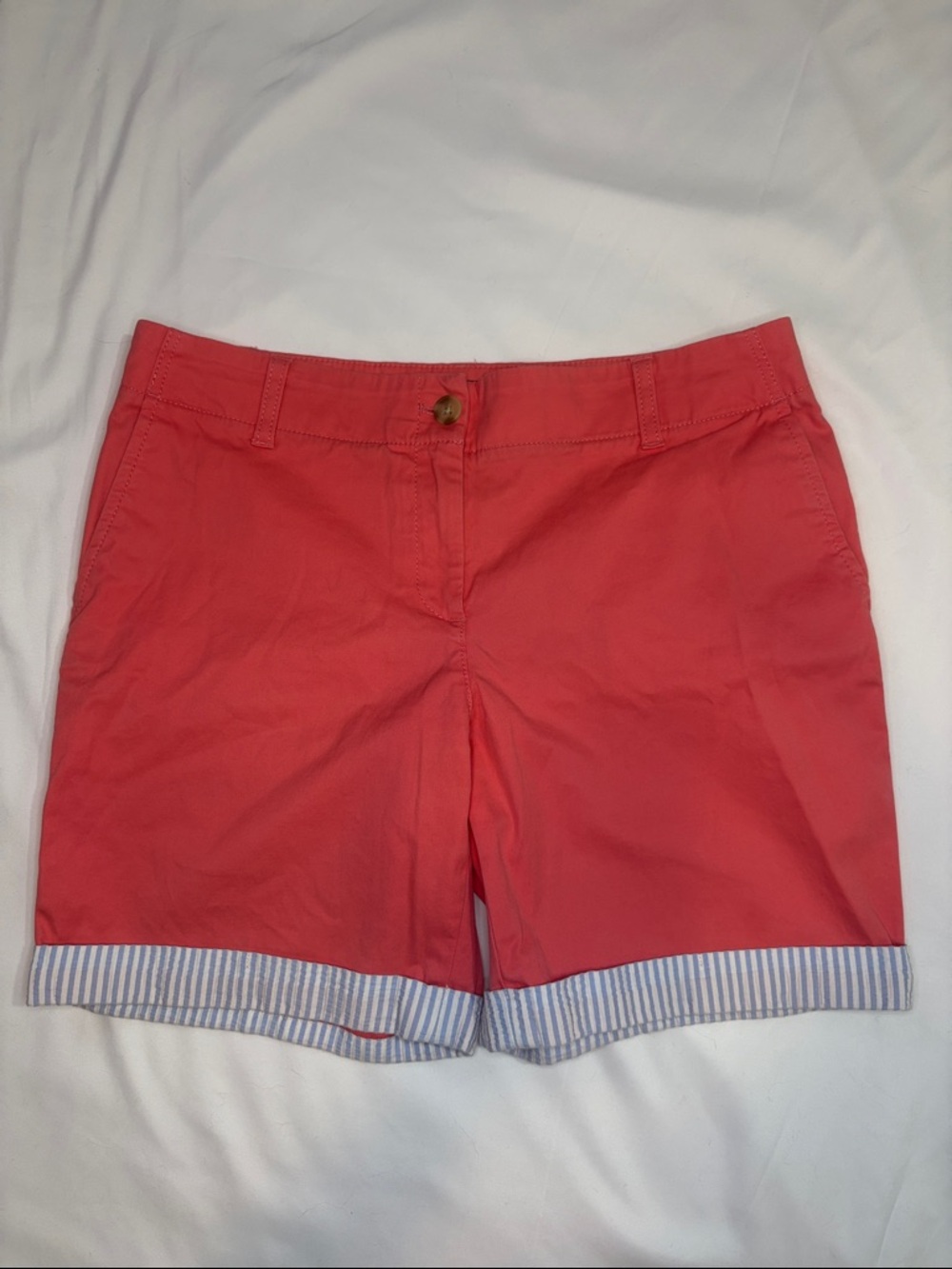 Talbots 7” Inseam Salmon Pink Summer Shorts Seersucker Stripe Trim Coastal Girly